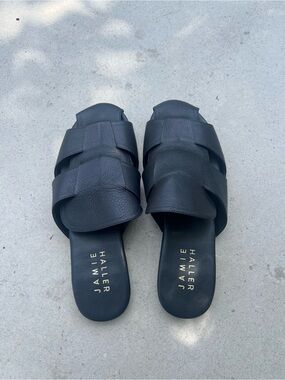 Jamie Haller Black Leather Weave Slide Sandals